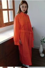 Linen Shirt Midi Dress with Belted Waist and Long Cuffed Sleeves