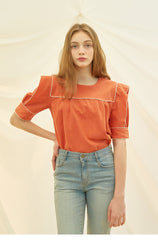 Linen Blouse With Contrast Piping And Square Yoke Detail