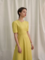 Linen Short Sleeve Midi Dress with Structured Waist and Flared Hem