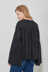 Soft-Structured Linen Blouse with Tiered Silhouette and Flared Sleeves