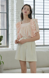 Ruffle Sleeve Linen Blouse with Square Neckline and Delicate Lace Trim for Summer Outfits