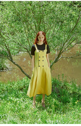 Sleeveless Double-Breasted Linen Dress with Pleated Skirt and Shoulder Straps