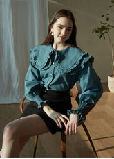 Cotton Poplin Blouse with Ruffled Peter Pan Collar and Smocked Cuffs – Women's Button-Up Shirt