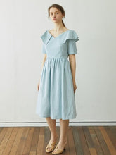 Linen Dress with Sculptural Folded Collar and Fitted Waist for Effortless Romantic Daywear