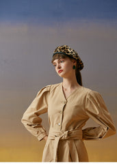 Women's Button-Front Linen Midi Dress with Puff Sleeves and Waist Tie for Elegant Everyday Wear