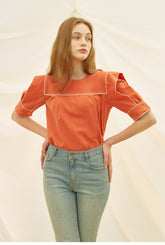 Linen Blouse With Contrast Piping And Square Yoke Detail