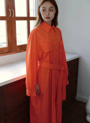 Linen Shirt Midi Dress with Belted Waist and Long Cuffed Sleeves