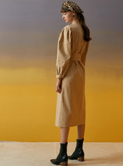 Women's Button-Front Linen Midi Dress with Puff Sleeves and Waist Tie for Elegant Everyday Wear