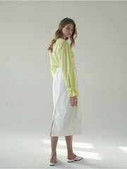 High-Waisted Linen Midi Skirt with Side Slits and Tie Belt – Button-Detail Wrap Design