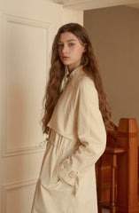 Women's Linen Midi Shirt Dress with Drawstring Waist, Button Front, and Capelet Detail