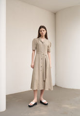 Women's Beige Linen Midi Shirt Dress – Short Sleeve Button Front Dress with Waist Belt