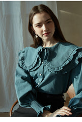 Cotton Poplin Blouse with Ruffled Peter Pan Collar and Smocked Cuffs – Women's Button-Up Shirt