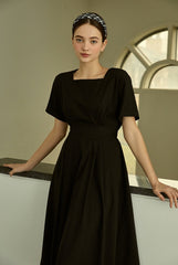 Linen Midi Dress with Square Neckline and Cinched Waist for Classic Feminine Silhouette