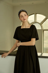 Linen Midi Dress with Square Neckline and Cinched Waist for Classic Feminine Silhouette