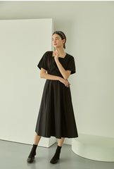 Linen Midi Dress with Square Neckline and Cinched Waist for Classic Feminine Silhouette