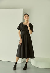 Linen Midi Dress with Square Neckline and Cinched Waist for Classic Feminine Silhouette