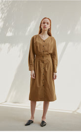 Structured Cotton Blend Button-Down Midi Dress for Women with V-Neck and Elastic Back Waist