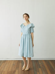 Linen Dress with Sculptural Folded Collar and Fitted Waist for Effortless Romantic Daywear