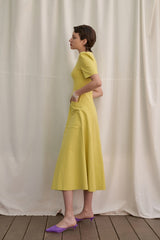 Linen Short Sleeve Midi Dress with Structured Waist and Flared Hem