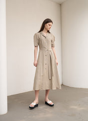 Women's Beige Linen Midi Shirt Dress – Short Sleeve Button Front Dress with Waist Belt