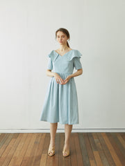 Linen Dress with Sculptural Folded Collar and Fitted Waist for Effortless Romantic Daywear