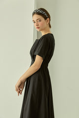Linen Midi Dress with Square Neckline and Cinched Waist for Classic Feminine Silhouette