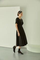 Linen Midi Dress with Square Neckline and Cinched Waist for Classic Feminine Silhouette