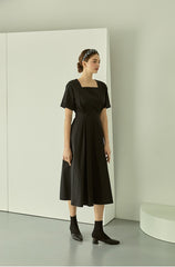 Linen Midi Dress with Square Neckline and Cinched Waist for Classic Feminine Silhouette