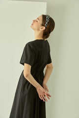 Linen Midi Dress with Square Neckline and Cinched Waist for Classic Feminine Silhouette
