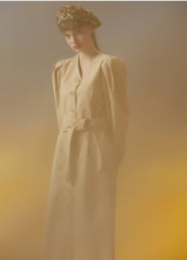 Women's Button-Front Linen Midi Dress with Puff Sleeves and Waist Tie for Elegant Everyday Wear