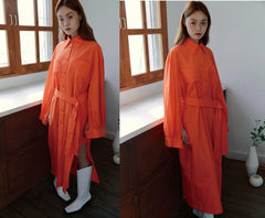 Linen Shirt Midi Dress with Belted Waist and Long Cuffed Sleeves