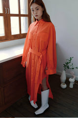 Linen Shirt Midi Dress with Belted Waist and Long Cuffed Sleeves