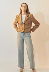 Tailored Linen Blazer with Cropped Fit, Notched Lapel, and Two-Button Front Closure