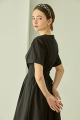 Linen Midi Dress with Square Neckline and Cinched Waist for Classic Feminine Silhouette