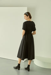 Linen Midi Dress with Square Neckline and Cinched Waist for Classic Feminine Silhouette