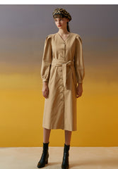 Women's Button-Front Linen Midi Dress with Puff Sleeves and Waist Tie for Elegant Everyday Wear