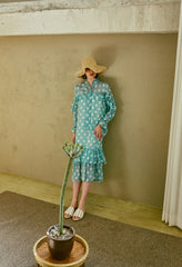 Polka Dot Chiffon Midi Dress with Long Sleeves, Ruffle Trim, and Feminine Bow Tie Neckline