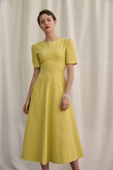 Linen Short Sleeve Midi Dress with Structured Waist and Flared Hem