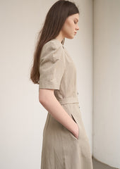 Women's Beige Linen Midi Shirt Dress – Short Sleeve Button Front Dress with Waist Belt