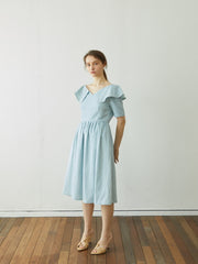 Linen Dress with Sculptural Folded Collar and Fitted Waist for Effortless Romantic Daywear
