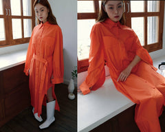 Linen Shirt Midi Dress with Belted Waist and Long Cuffed Sleeves