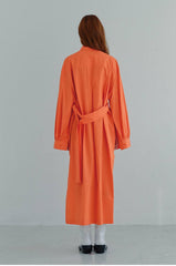 Linen Shirt Midi Dress with Belted Waist and Long Cuffed Sleeves