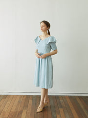 Linen Dress with Sculptural Folded Collar and Fitted Waist for Effortless Romantic Daywear