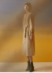 Women's Button-Front Linen Midi Dress with Puff Sleeves and Waist Tie for Elegant Everyday Wear