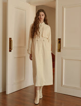 Women's Linen Midi Shirt Dress with Drawstring Waist, Button Front, and Capelet Detail