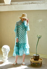 Polka Dot Chiffon Midi Dress with Long Sleeves, Ruffle Trim, and Feminine Bow Tie Neckline