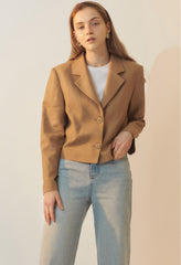 Tailored Linen Blazer with Cropped Fit, Notched Lapel, and Two-Button Front Closure