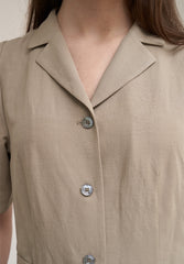 Women's Beige Linen Midi Shirt Dress – Short Sleeve Button Front Dress with Waist Belt