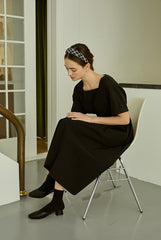 Linen Midi Dress with Square Neckline and Cinched Waist for Classic Feminine Silhouette