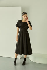 Linen Midi Dress with Square Neckline and Cinched Waist for Classic Feminine Silhouette